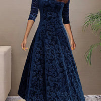 Ursime Elegant Velvet Jacquard V Neck Long Sleeve Midi Dress