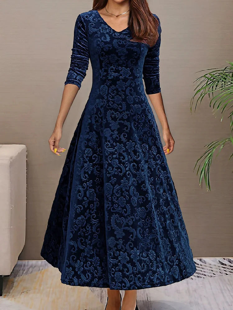 Ursime Elegant Velvet Jacquard V Neck Long Sleeve Midi Dress