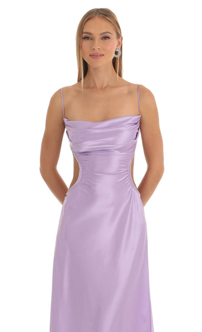 Lucy In The Sky Satin Rhinestone Maxi Dress in Purple