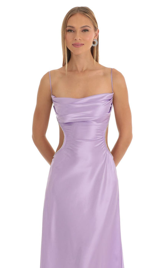 Lucy In The Sky Satin Rhinestone Maxi Dress in Purple
