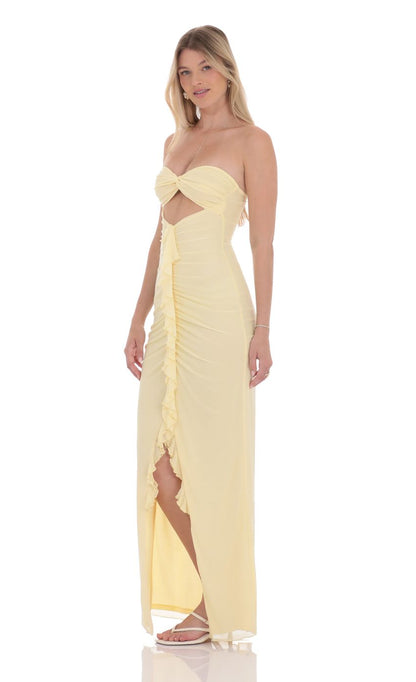 Lucy in the Sky Mesh Cutout Ruffle Maxi Dress in Yellow