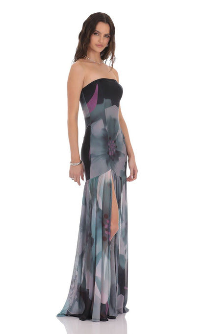 Lucy In The Sky Floral Mesh Strapless Maxi Dress in Navy