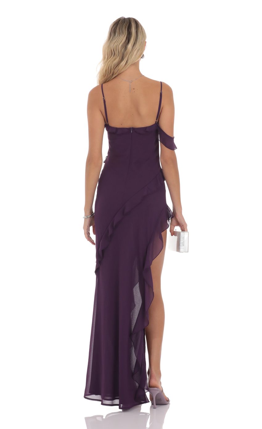 Lucy In The Sky Chiffon Ruffle Maxi Dress in Purple
