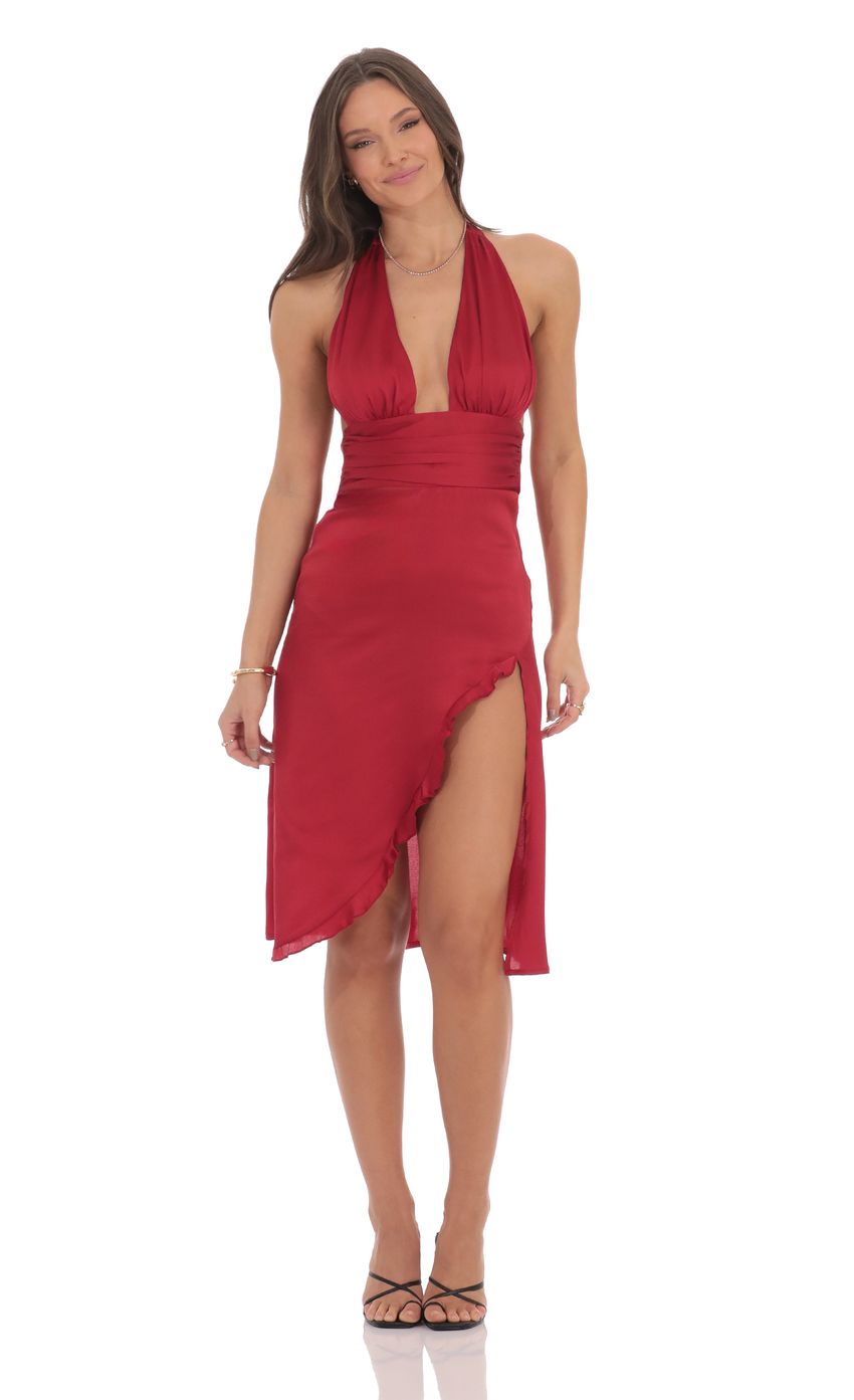 Lucy In The Sky Satin Ruffle Slit Dress in Red
