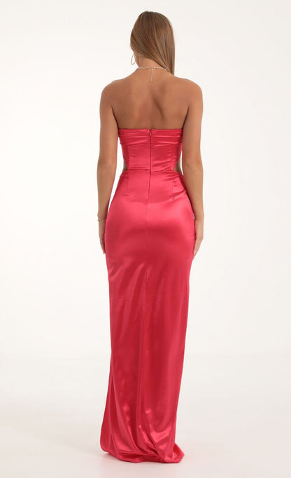 Lucy In The Sky Satin Cutout Corset Maxi in Red