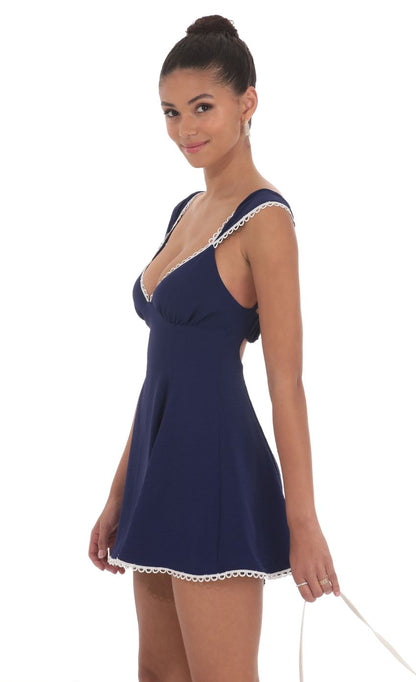 Lucy In The Sky Embroidered Trim Cap Sleeve Dress in Navy
