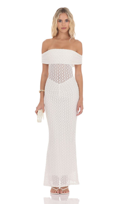 Lucy In The Sky Off Shoulder Lace Bodycon Maxi Dress in White