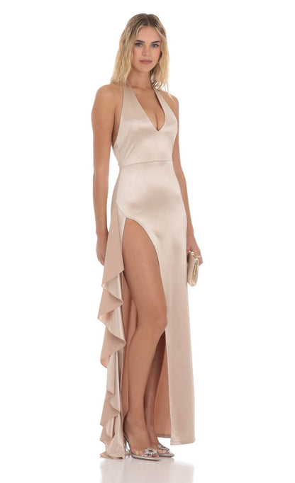 Lucy in the Sky Satin Plunge Neck Halter Maxi Dress in Champagne