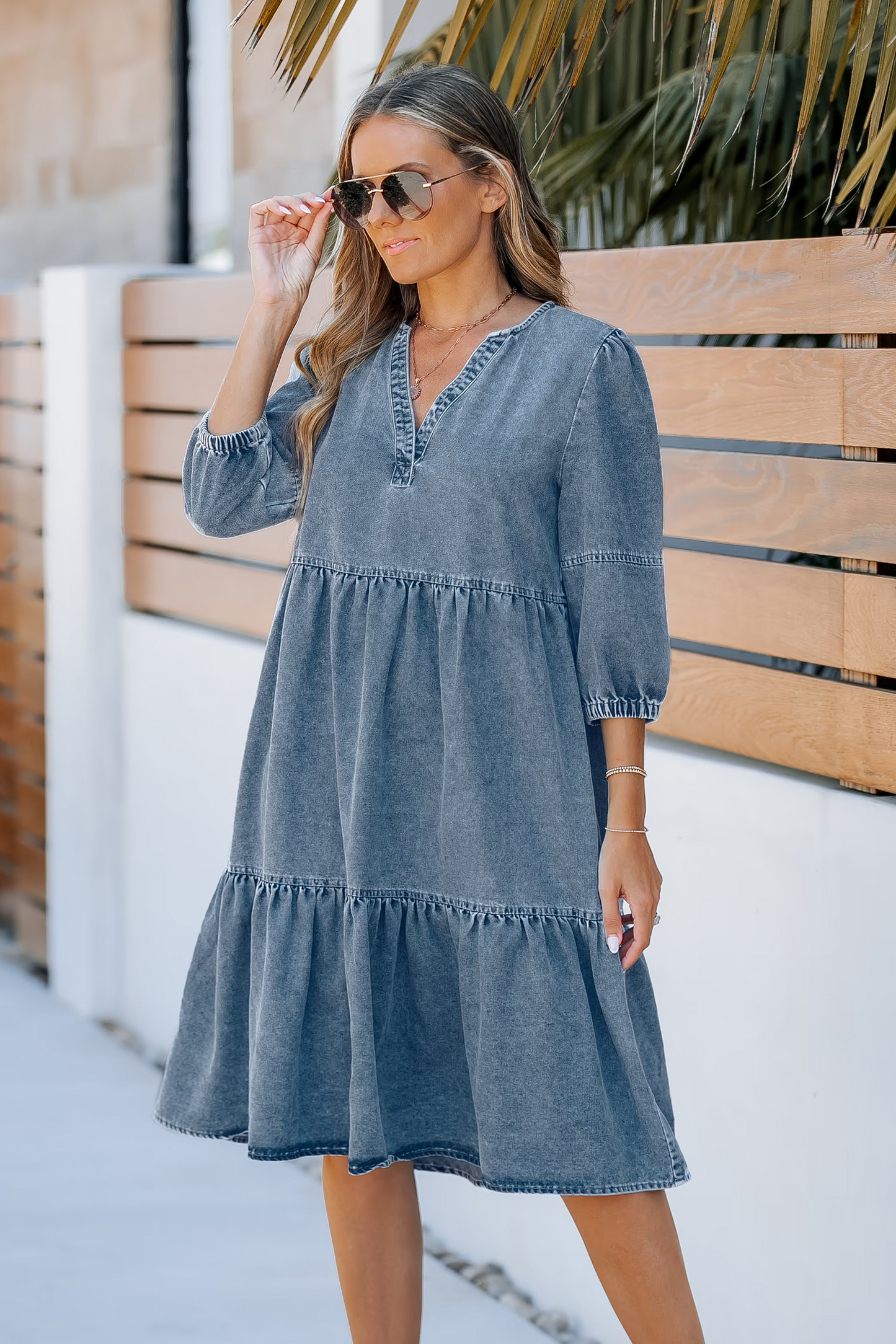 Cupshe Light Denim 3/4 Sleeve Mini Dress