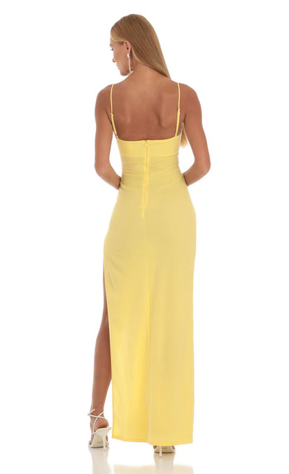 Lucy In The Sky Crepe Rhinestone Corset Maxi Dress in Yellow