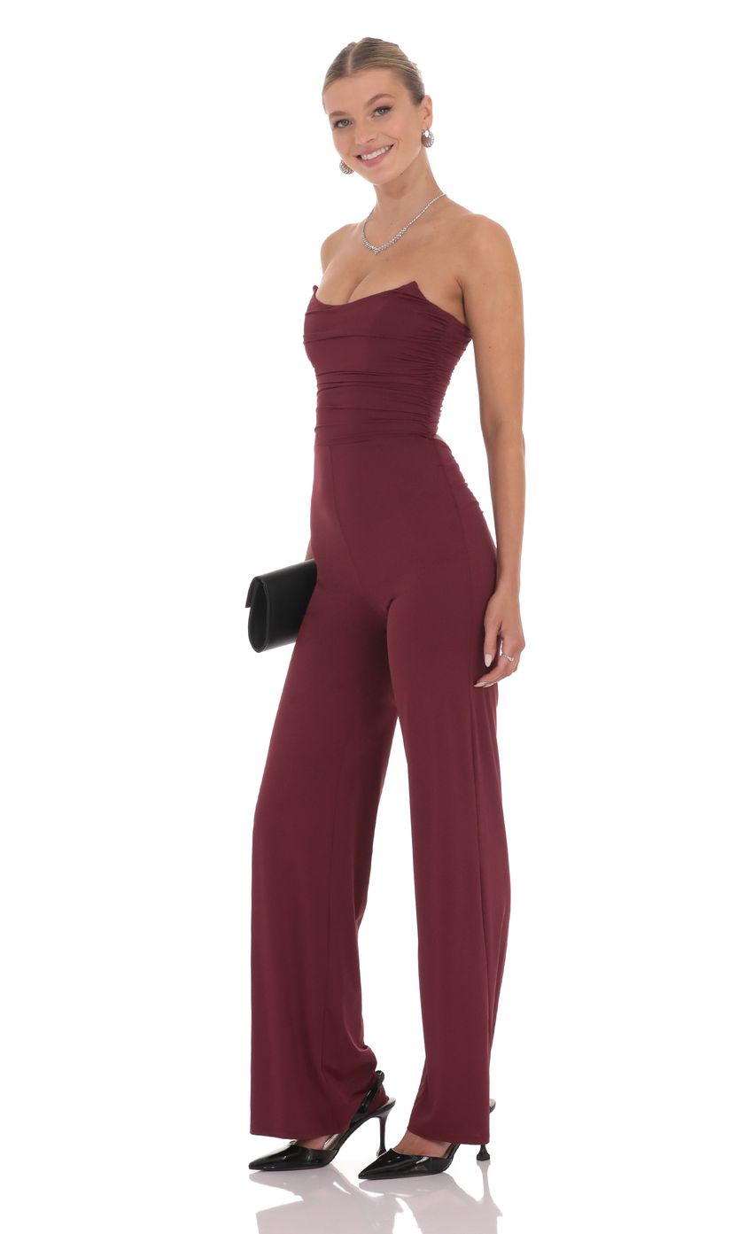 Lucy In The Sky Strapless Pointed Corset Jumpsuit in Burgundy