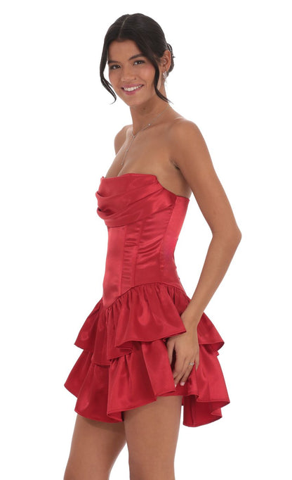 Lucy In The Sky White Satin Corset Strapless Dress in Red