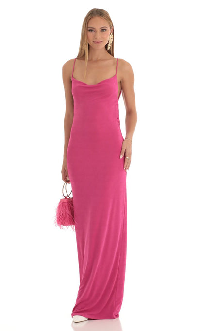 Lucy In The Sky Draped Back Maxi Dress in Pink