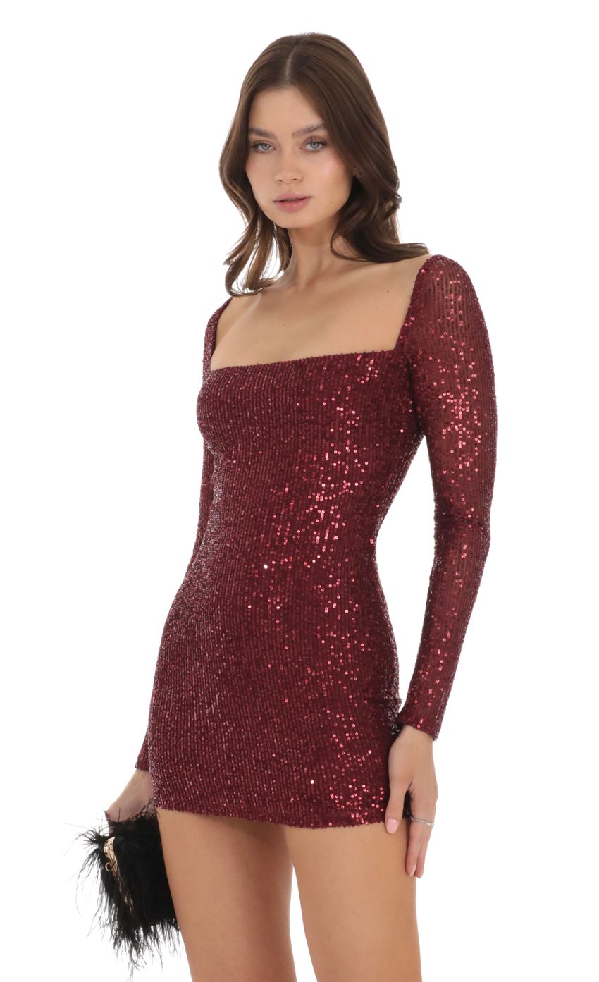 Lucy In The Sky Sequin Long Sleeve Dress in Maroon
