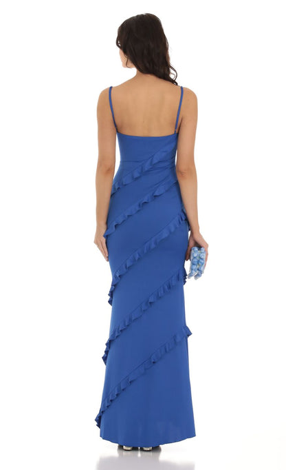 Lucy in the Sky Ruffle Maxi Dress in Blue