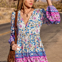 Cupshe Blue & Pink Floral Plunging Puff Sleeve Mini Dress