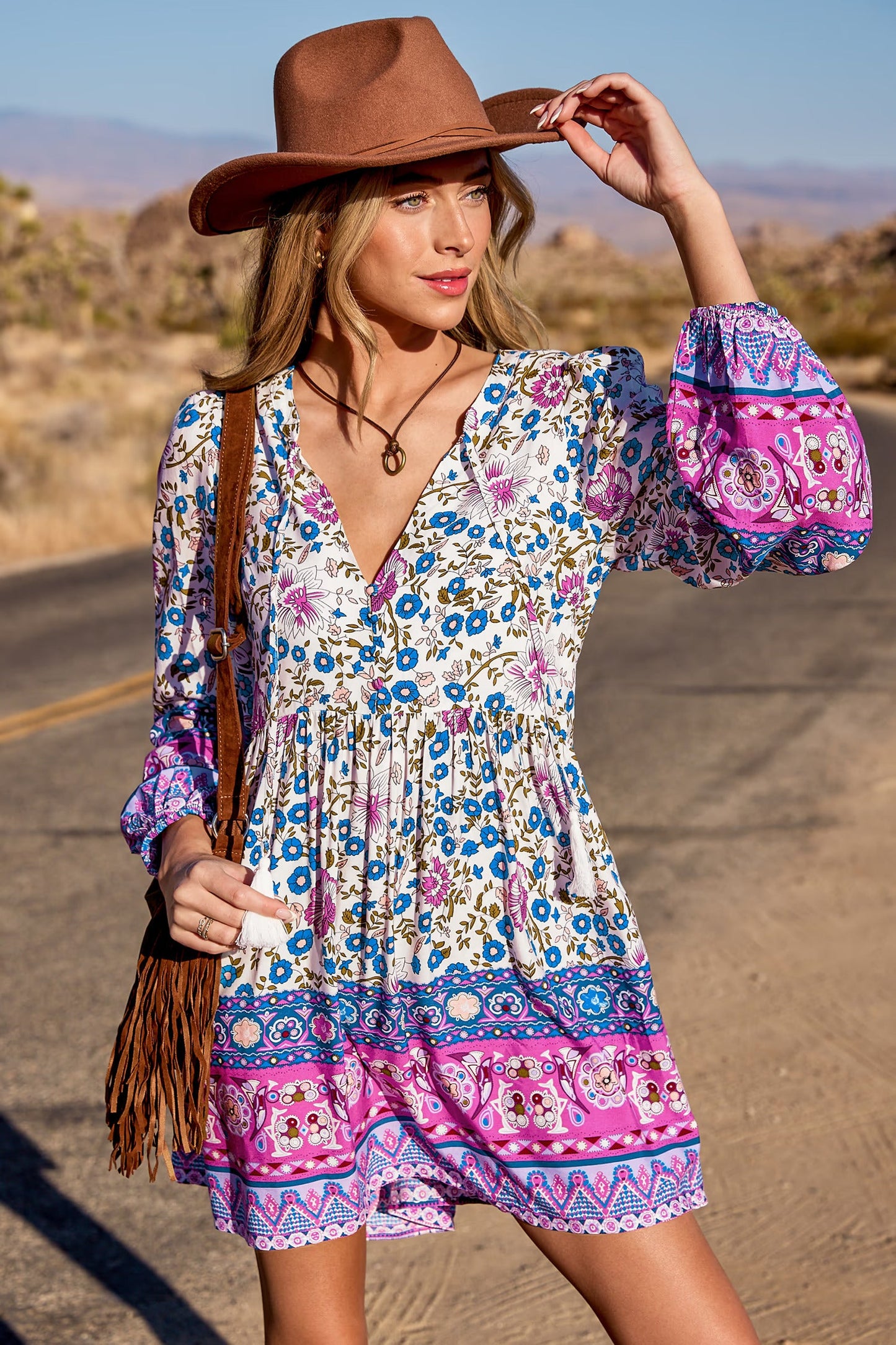 Cupshe Blue & Pink Floral Plunging Puff Sleeve Mini Dress