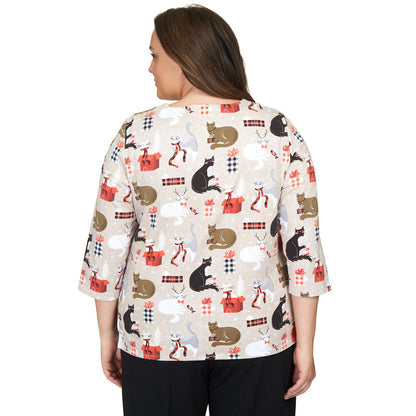 Alfred Dunner Women's Classic Cats & Presents Top
