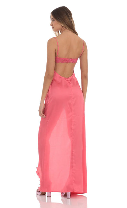 Lucy In The Sky Cowl Neck Satin Open Back Maxi Dress in Coral