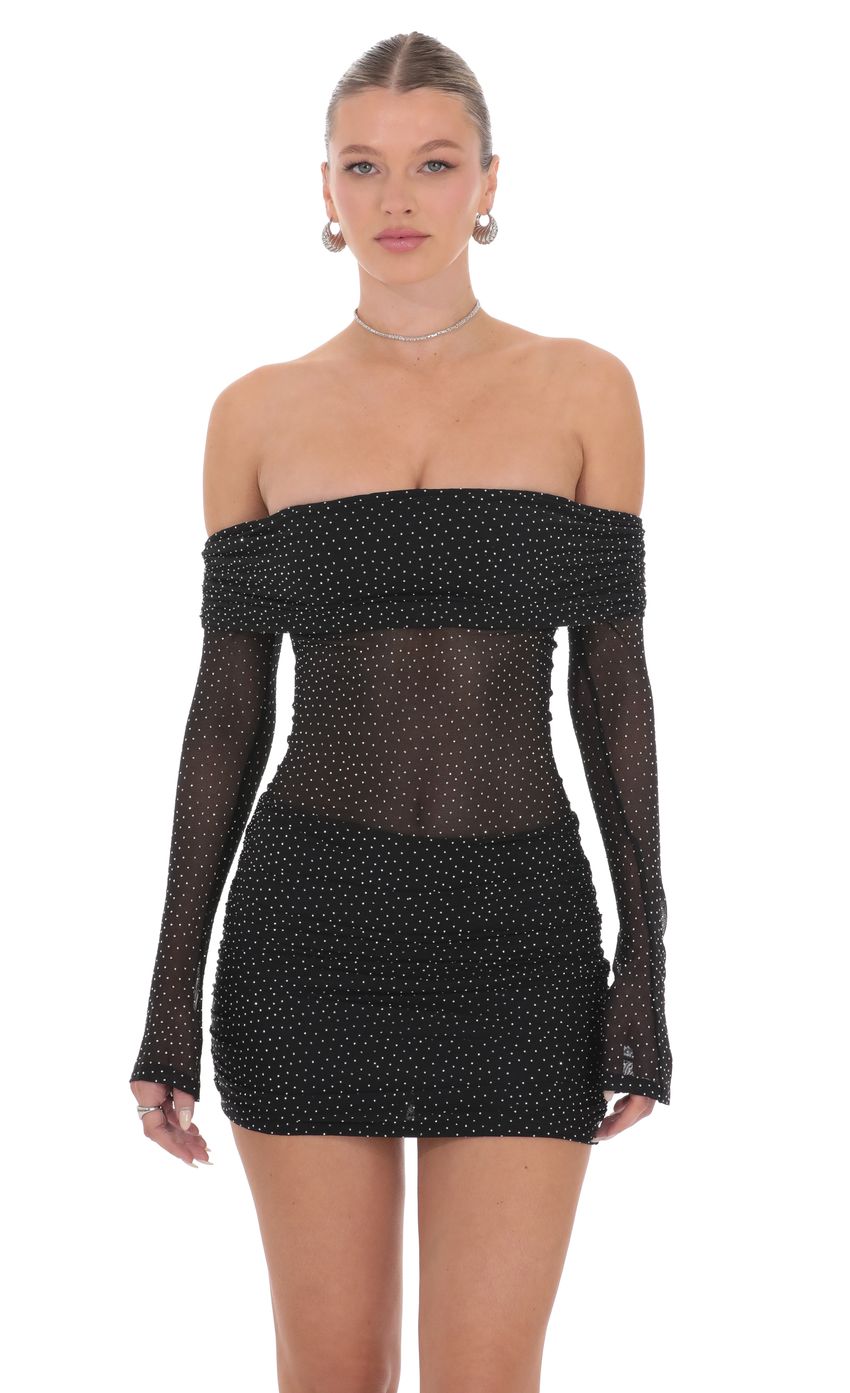 Lucy In The Sky Rhinestone Mesh Off Shoulder Dress in Black
