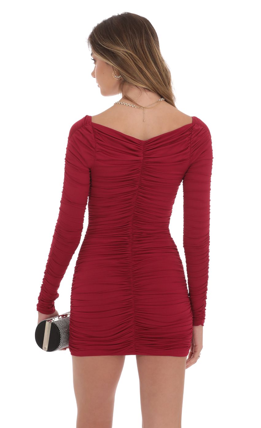 Lucy In The Sky Ruched Long Sleeve Bodycon Dress in Maroon