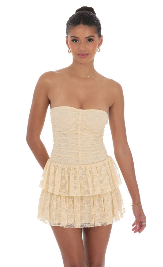 Lucy In The Sky Lace Strapless Ruched Ruffle Dress in Beige