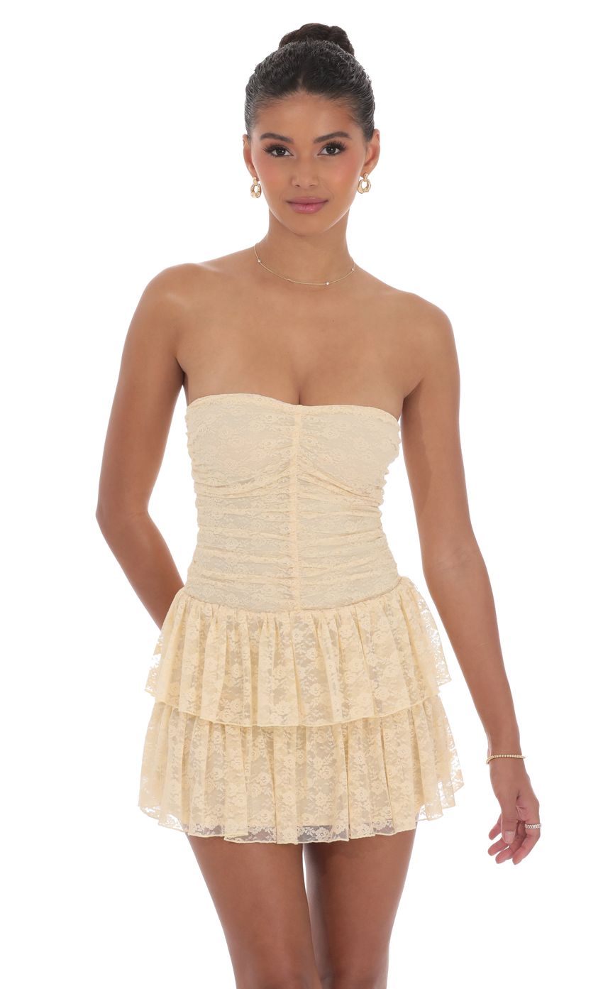 Lucy In The Sky Lace Strapless Ruched Ruffle Dress in Beige