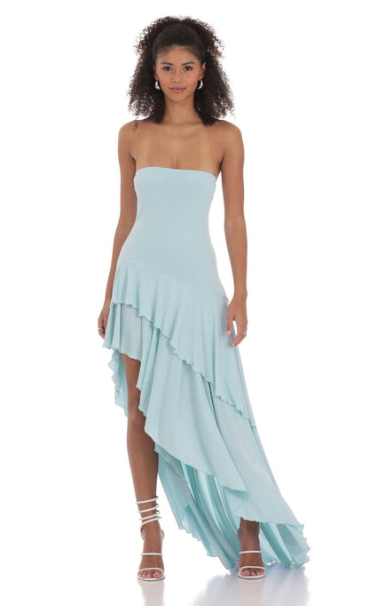 Lucy In The Sky Strapless Ruffle Asymmetrical Maxi Dress in Blue