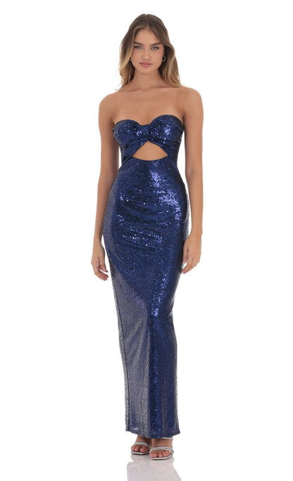 Lucy In The Sky Sequin Twist Cutout Maxi Dress in Navy