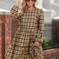 Cupshe Brown Plaid Round Neck Long Sleeve Mini Dress