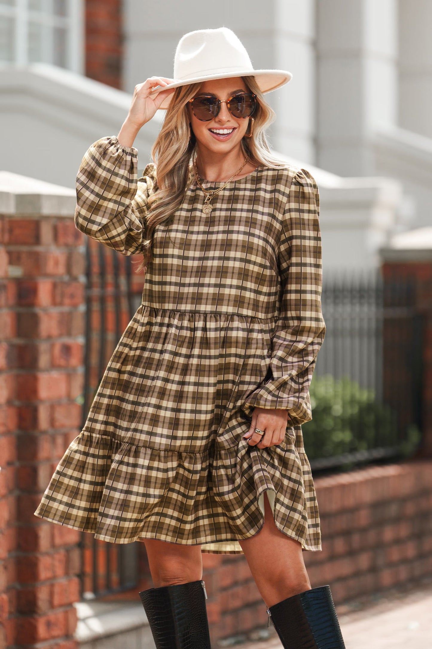 Cupshe Brown Plaid Round Neck Long Sleeve Mini Dress