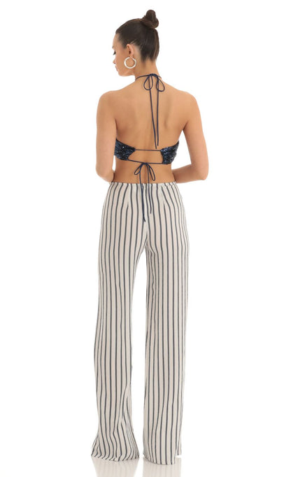 Lucy In The Sky Sequin Halter Striped Jumpsuit in White and Navy