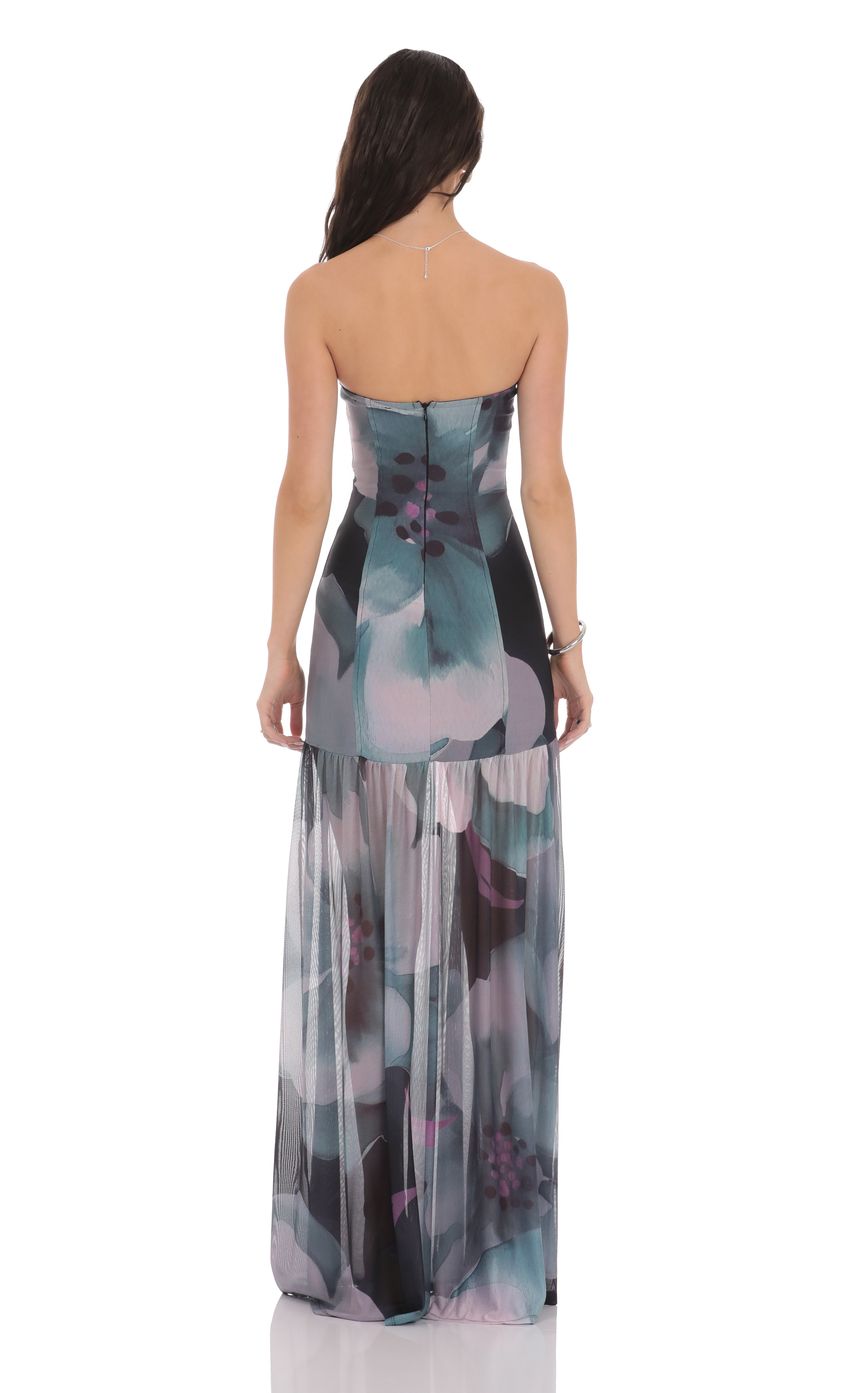 Lucy In The Sky Foral Mesh Strapless Maxi Dress in Navy