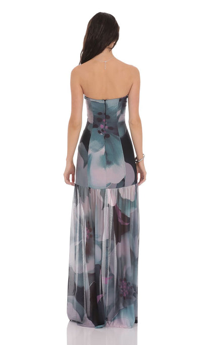 Lucy In The Sky Foral Mesh Strapless Maxi Dress in Navy