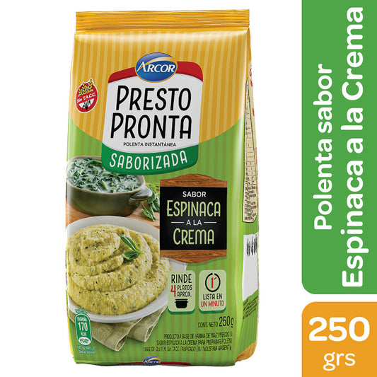 Pampa Direct Presto Pronta Polenta Instantánea Saborizada Espinaca Creamed Spinach Flavored Corn Meal Ready In One Minute, 250 g / 8.81 oz