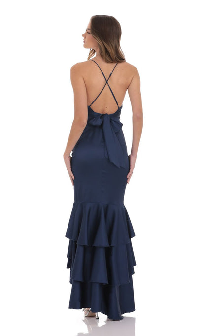Lucy In The Sky Satin Ruffle Fishtail Maxi Dress in Navy