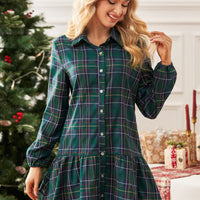 Cupshe Green Plaid Collared Flounce Hem Mini Shirt Dress