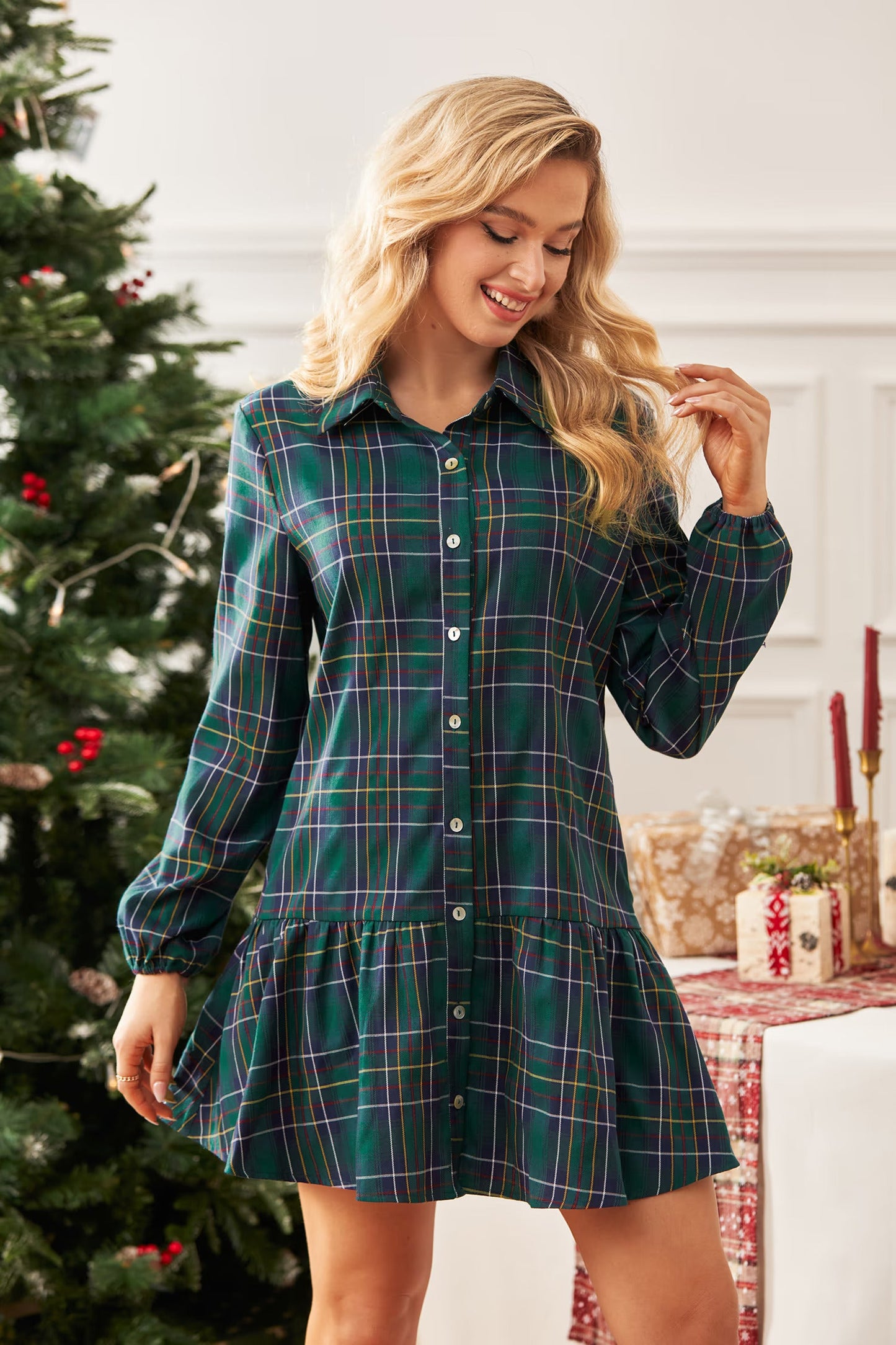 Cupshe Green Plaid Collared Flounce Hem Mini Shirt Dress