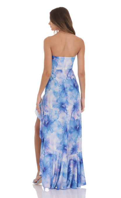 Lucy In The Sky Floral Ruffle Slit Strapless Corset Maxi Dress in Blue