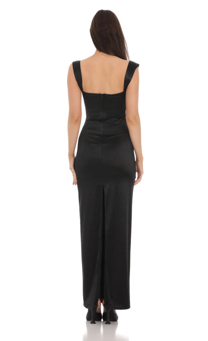 Lucy In The Sky Satin Lace Maxi Dress in Black