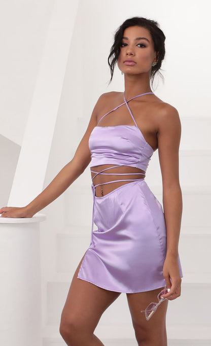 Lucy In The Sky Leopard Satin Set in Lilac