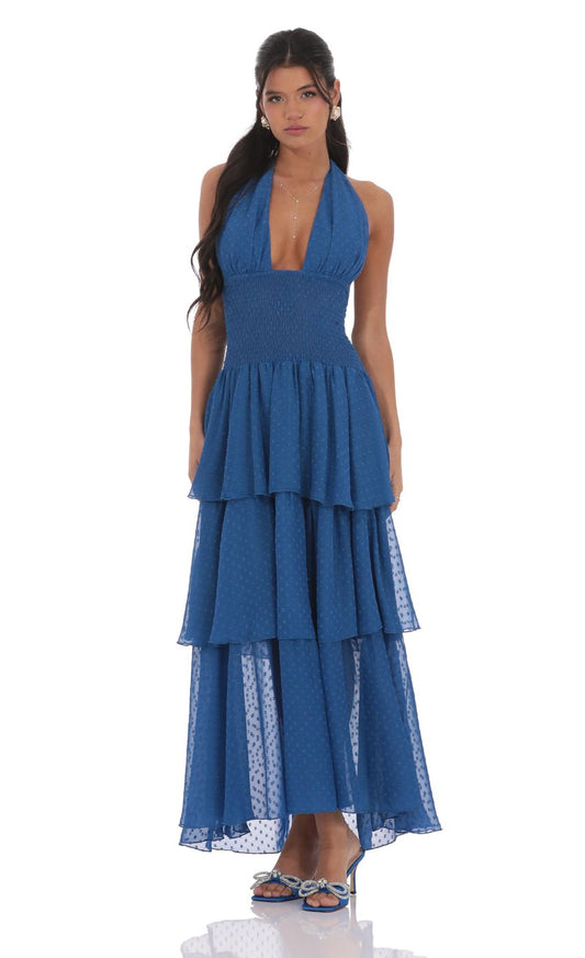 Lucy In The Sky Dotted Smocked Halter Maxi Dress in Blue