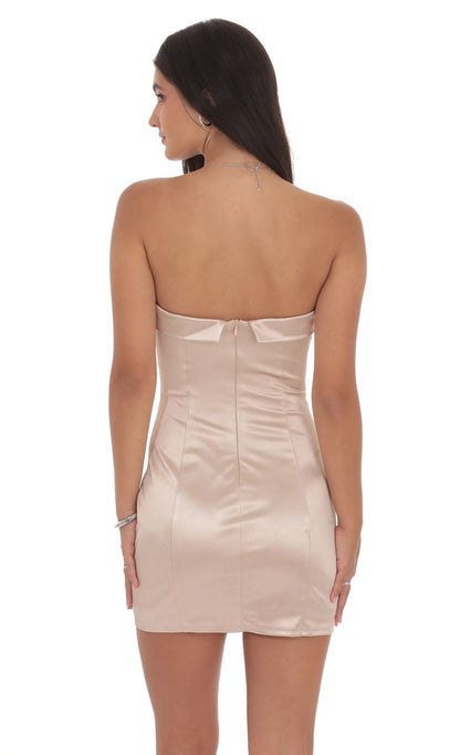 Lucy In The Sky Satin Strapless Bodycon Dress in Champagne