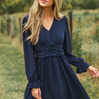 Cupshe Navy Ruched Waist Ruffle Cuff Mini Dress (x2)