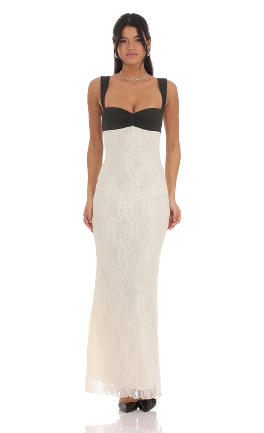 Lucy In The Sky Two-Toned Lace Maxi Dress in Cream