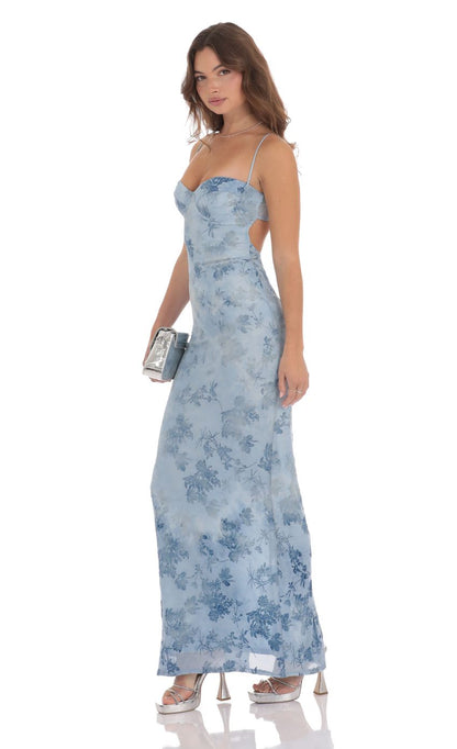 Lucy In The Sky Velvet Floral Maxi Dress in Blue