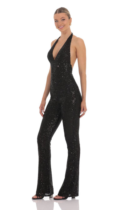 Lucy In The Sky Sequin Halter Jumpsuit in Black