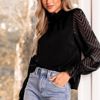 Cupshe Black Standing Collar Sheer Long Sleeve Blouse (x2)