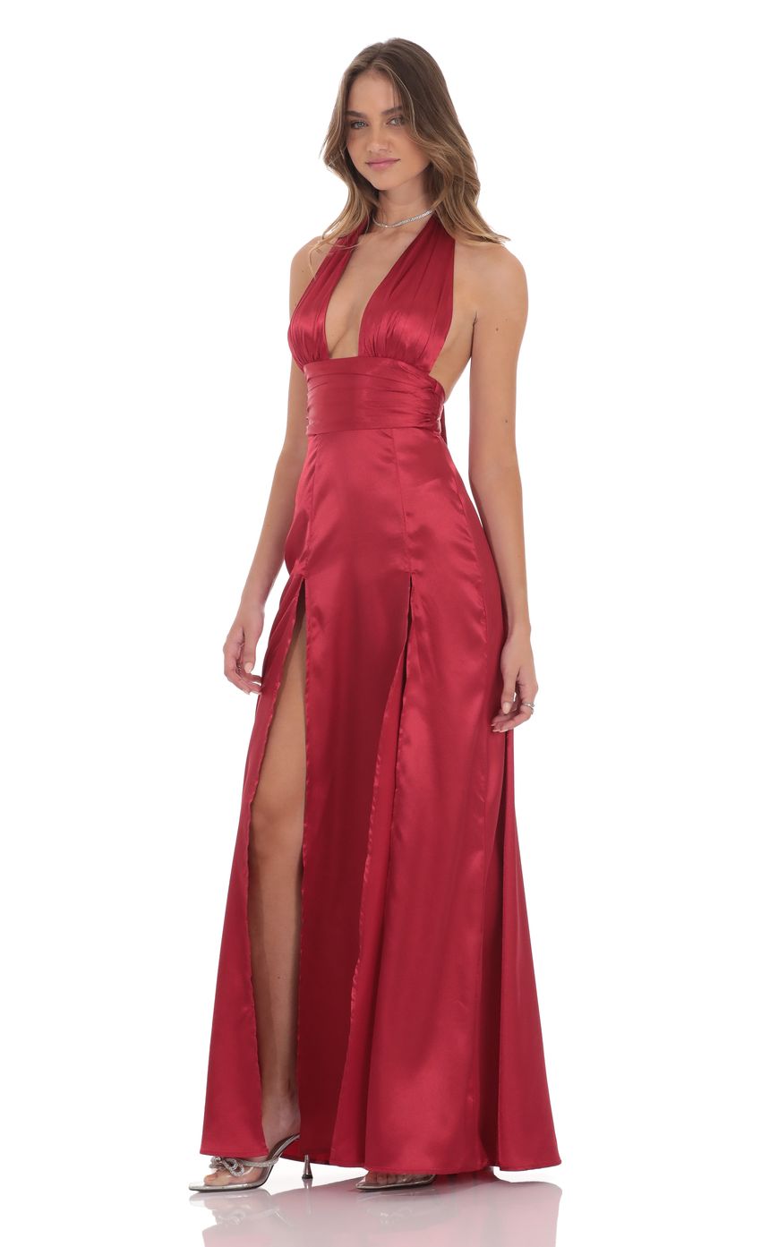 Lucy In The Sky Satin Halter Maxi Dress in Red