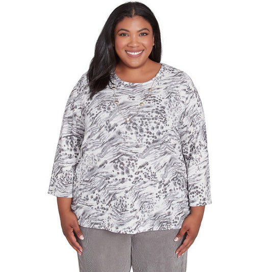 Alfred Dunner Women's Monotone Grey Animal Print Top